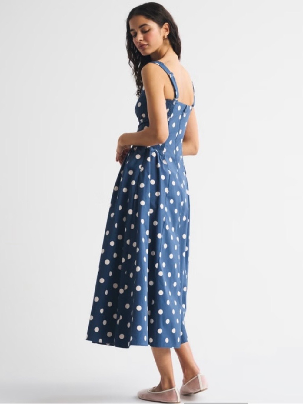 Abercrombie & Fitch Navy Blue Polka Dot Midi Dress - Picture 3 of 8